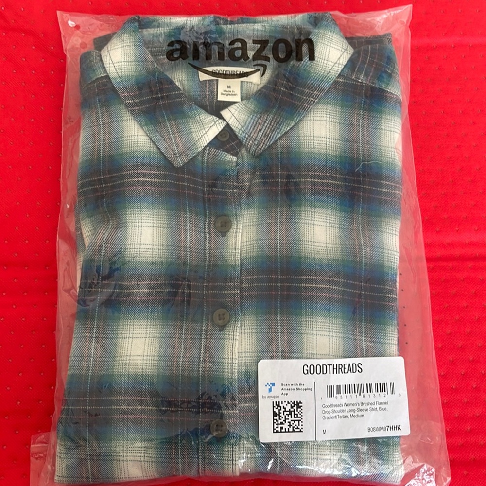 Goodthreads women’s brushed flannel drop-shoulder long sleeve shirt, blue.medium